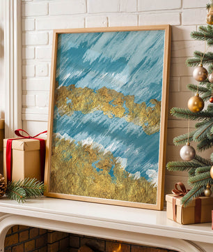 Pintura abstracta con textura dorada y fondo azul