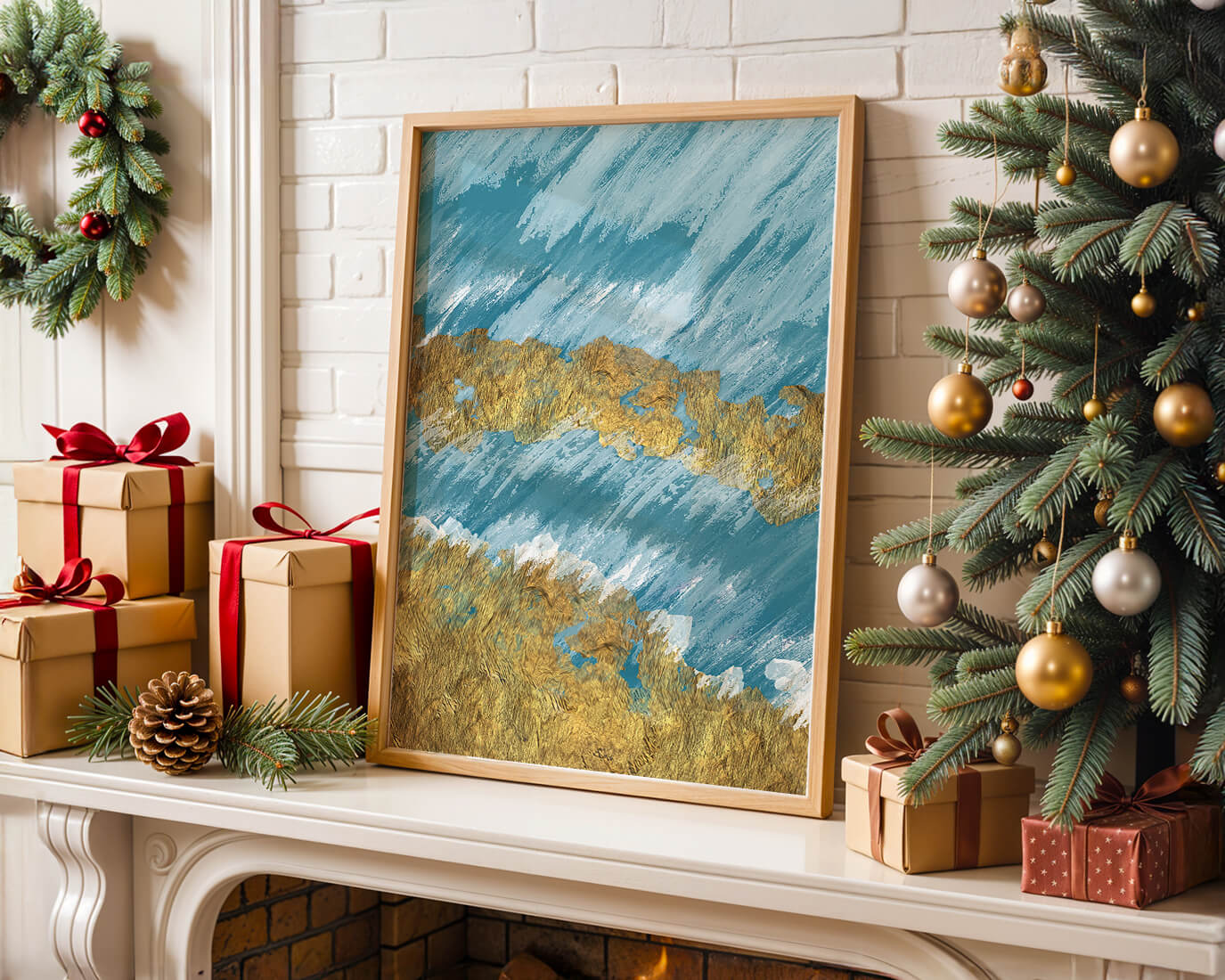 Abstract painting with gold texture and blue background