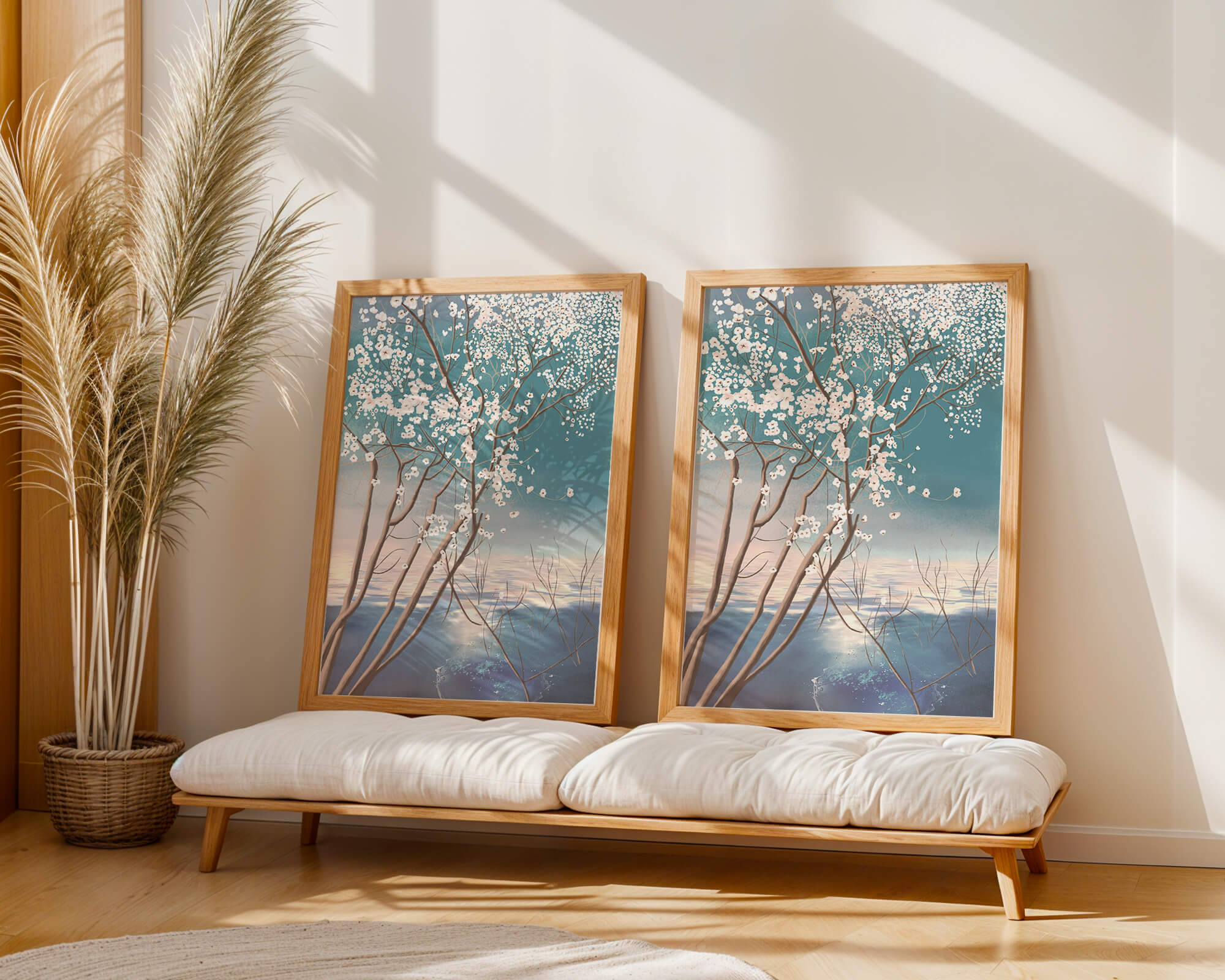 Serene landscape with blossoming tree over calm water reflection