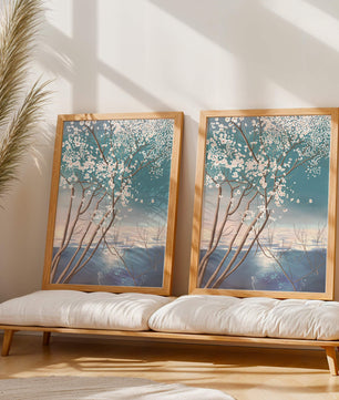 Paisaje sereno con árbol en flor sobre la reflexión del agua tranquila