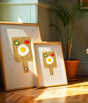 Ilustración de una escena de desayuno con huevo, aguacate y tomate sobre tabla de madera