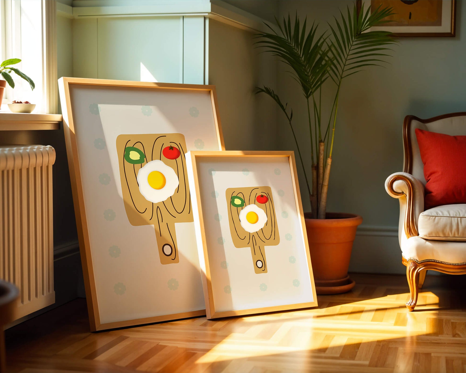 Ilustración de una escena de desayuno con huevo, aguacate y tomate sobre tabla de madera