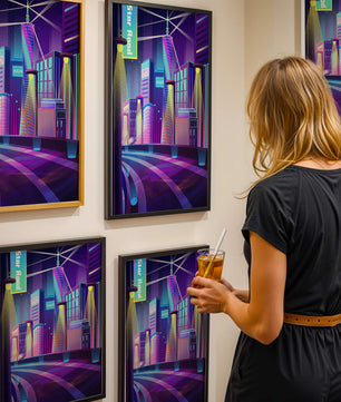 Futuristic Neon Cityscape with Illuminated Skyscrapers and Curved Road