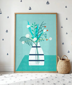 Floral Arrangement In Minimalist Vase On Teal Background - Mi tienda