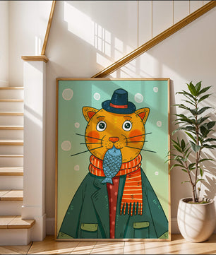 Gato caprichoso vestido con atuendo invernal colorido