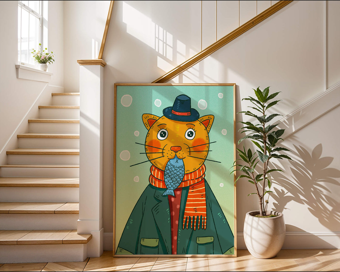 Whimsical cat dressed in colorful winter attire