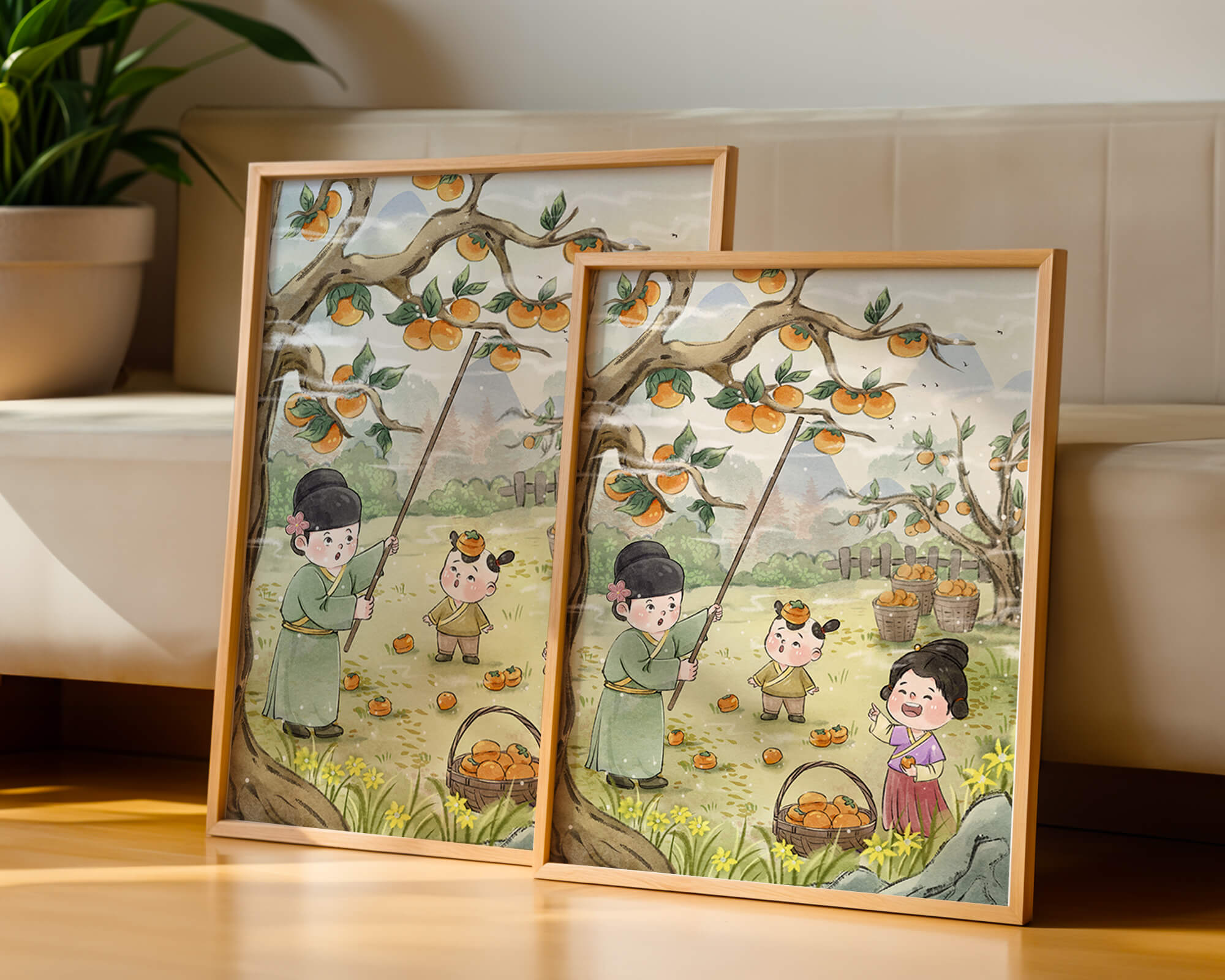 Illustration of children harvesting persimmons in a traditional setting