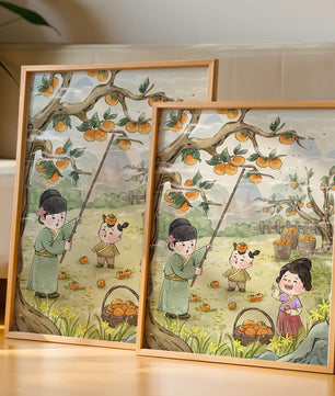 Illustration of children harvesting persimmons in a traditional setting