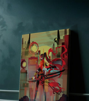 Futuristic warrior in a cyberpunk cityscape with swords and red accents