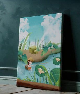 Ruhige Illustration eines Kindes, das an einem Teich mit Seerosen angelt
