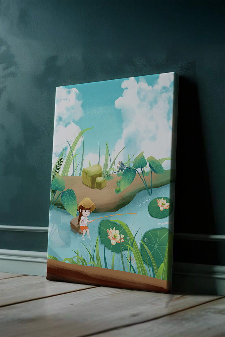 Ruhige Illustration eines Kindes, das an einem Teich mit Seerosen angelt