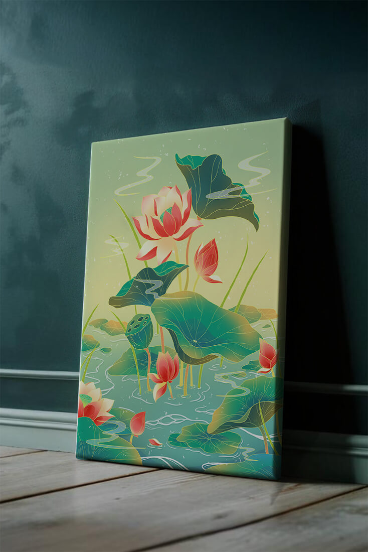 Serene lotus pond with vibrant lilies and lush green leaves