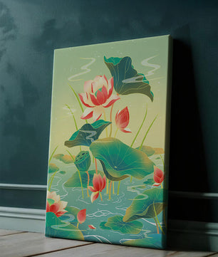 Serene lotus pond with vibrant lilies and lush green leaves