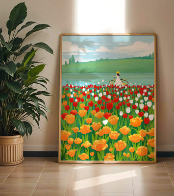 Woman with bicycle in vibrant tulip field by a lake