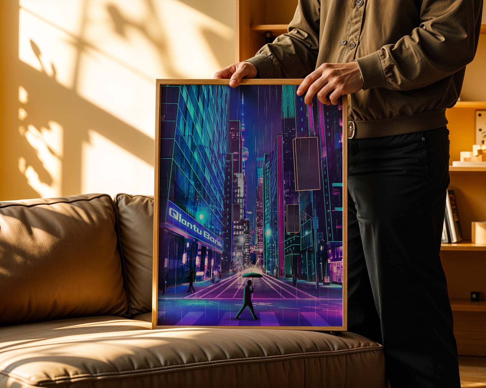 Futuristic urban street scene with neon lights and rainy atmosphere