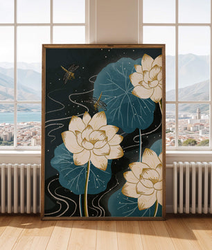 Elegant lotus flowers with dragonflies on a starry night background