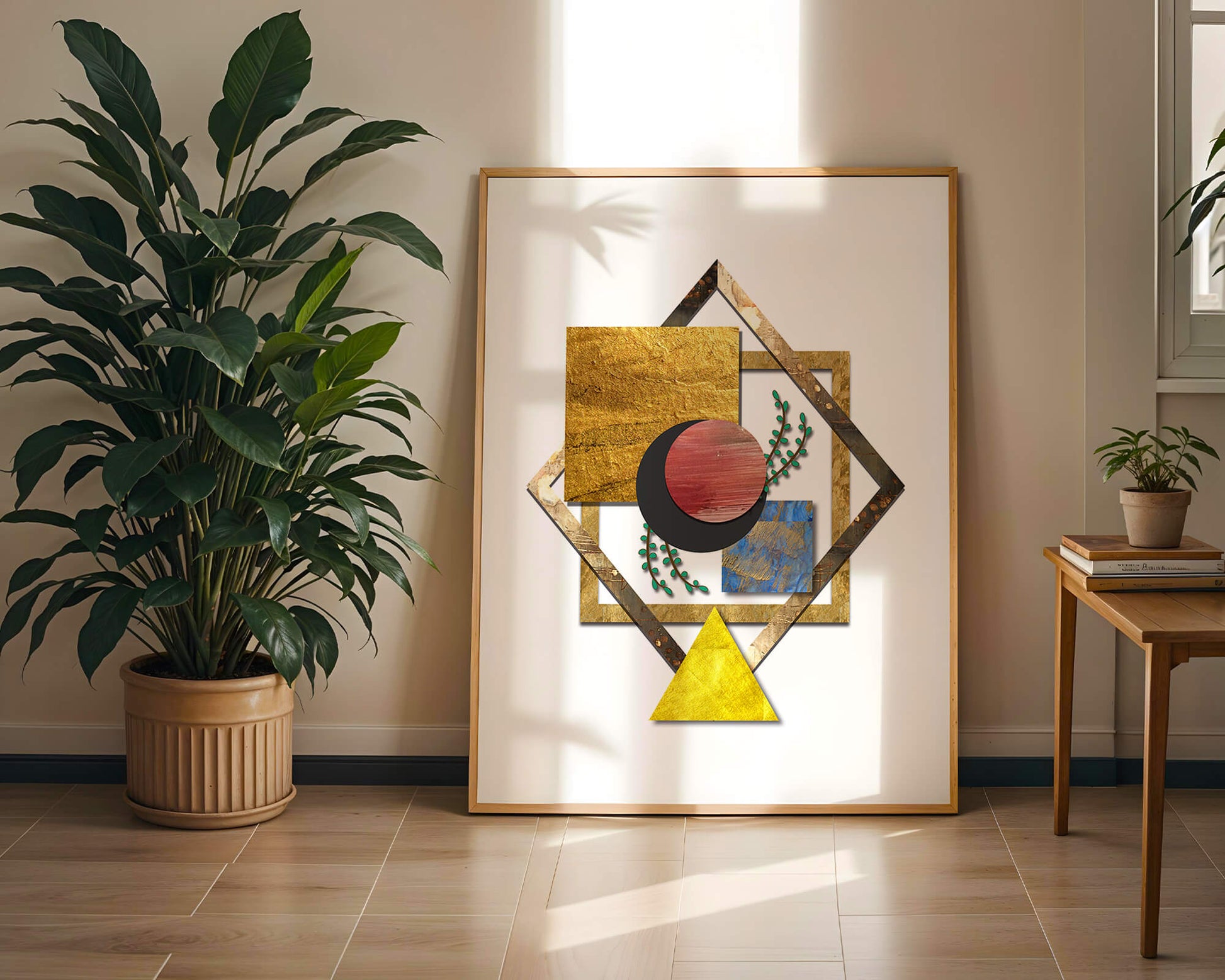 Modern geometric abstract art with vibrant colors and gold accents