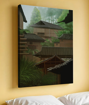 Traditional Japanese Architectural Scene with Lush Greenery