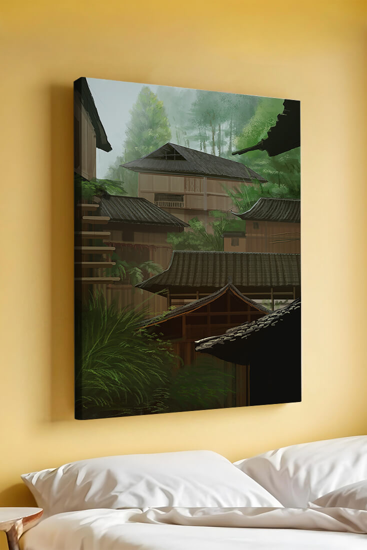 Traditional Japanese Architectural Scene with Lush Greenery
