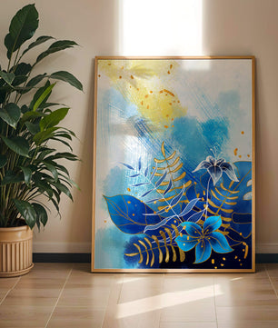 Floral illustration with blue leaves and golden accents on abstract background