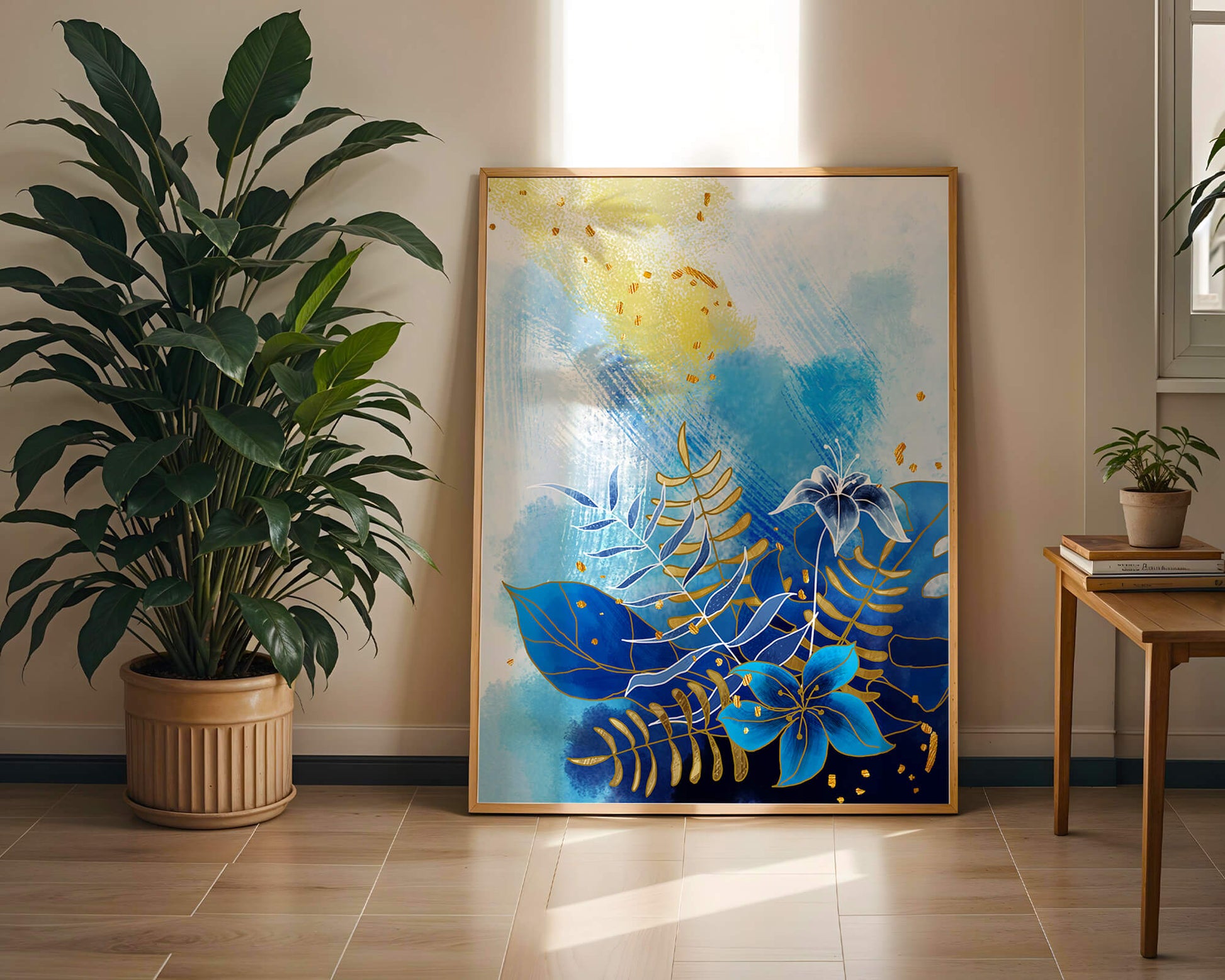 Floral illustration with blue leaves and golden accents on abstract background