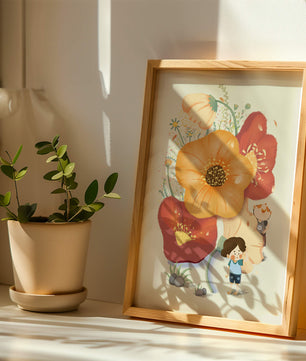 Charming Illustration of Children among Large Flowers with Playful Puppy
