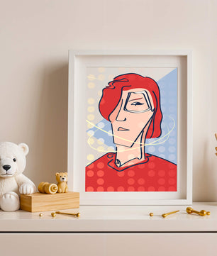 Abstract portrait with red hair and dotted background
