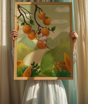 Femme assise sur un fruit orange dans un paysage surréaliste