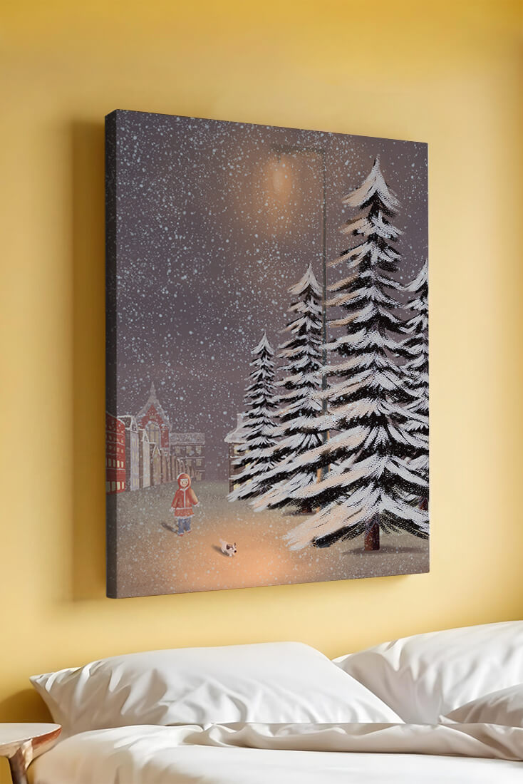 Snowy winter scene with a child and dog in a charming town