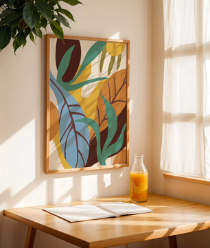 Abstract botanical design with colorful leaves and organic shapes