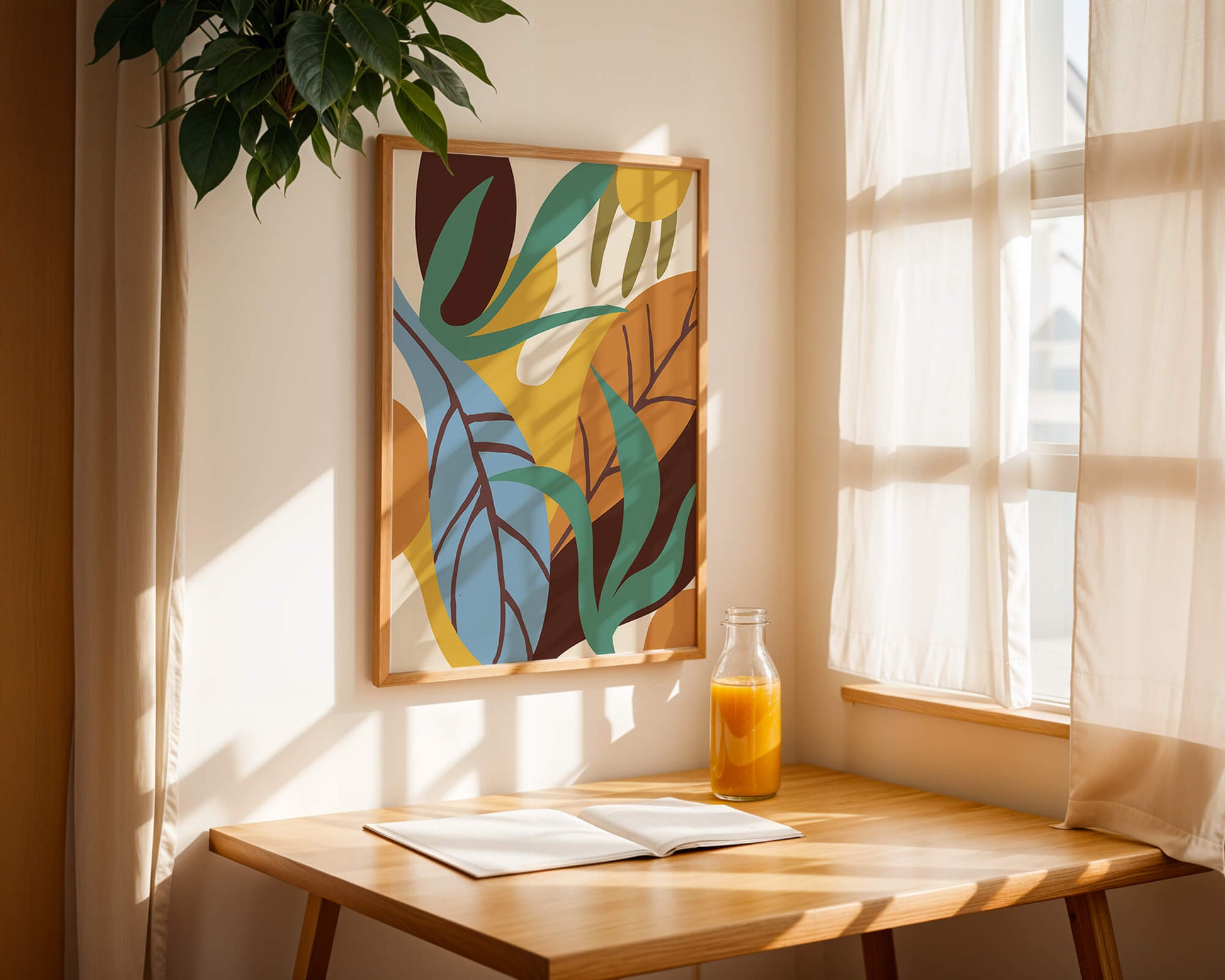Abstract botanical design with colorful leaves and organic shapes