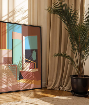 Diseño arquitectónico moderno con elementos geométricos pastel