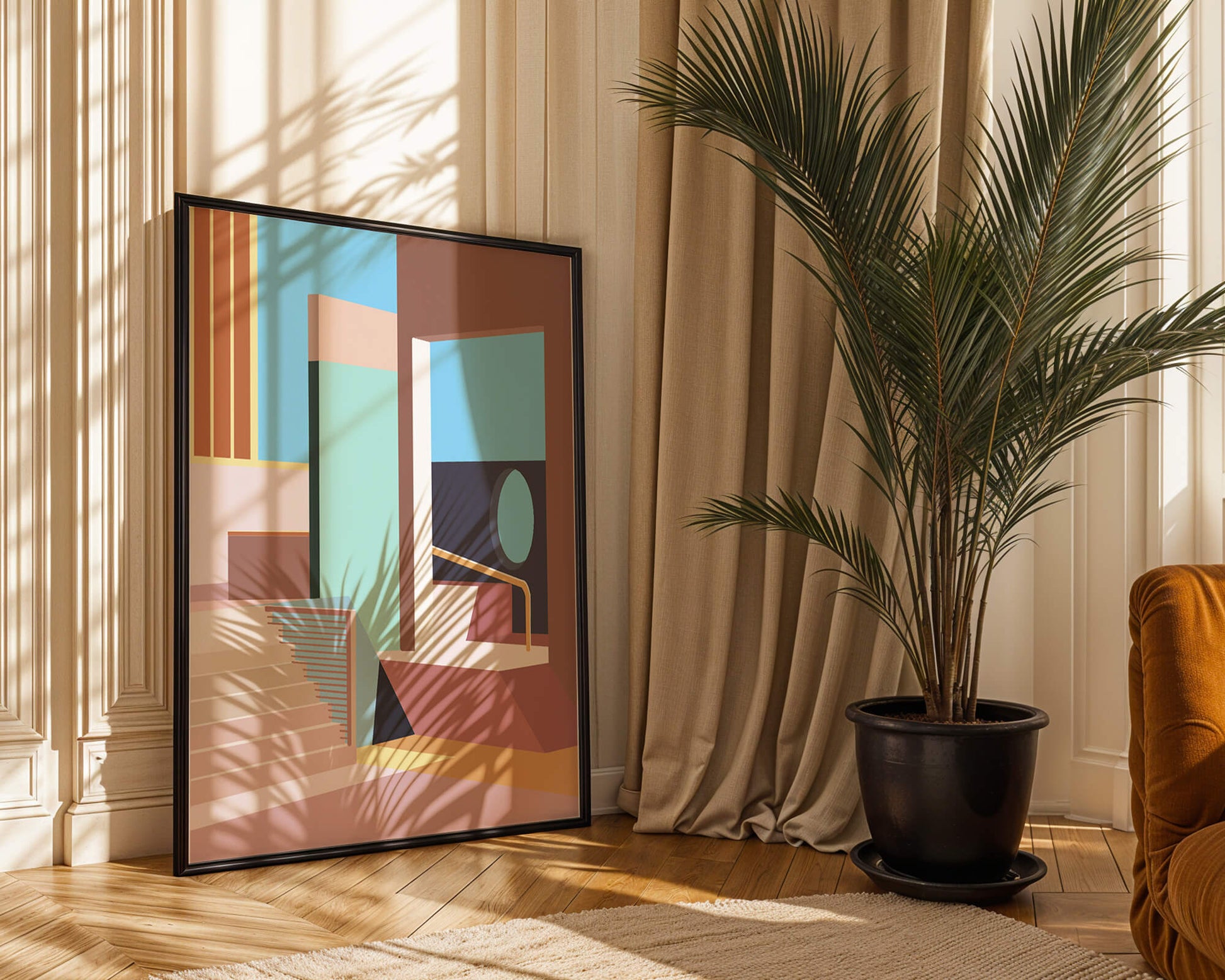 Diseño arquitectónico moderno con elementos geométricos pastel
