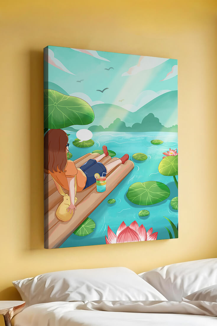 Peaceful lake scene with raft and relaxing atmosphere