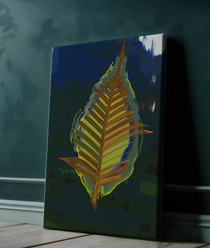 Abstract digital artwork featuring a vibrant multicolored leaf