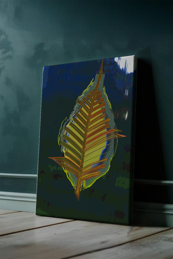 Abstract digital artwork featuring a vibrant multicolored leaf