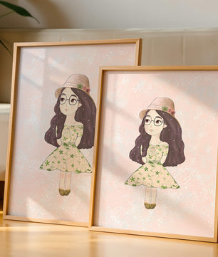 Ilustración encantadora de una niña con vestido y sombrero floral
