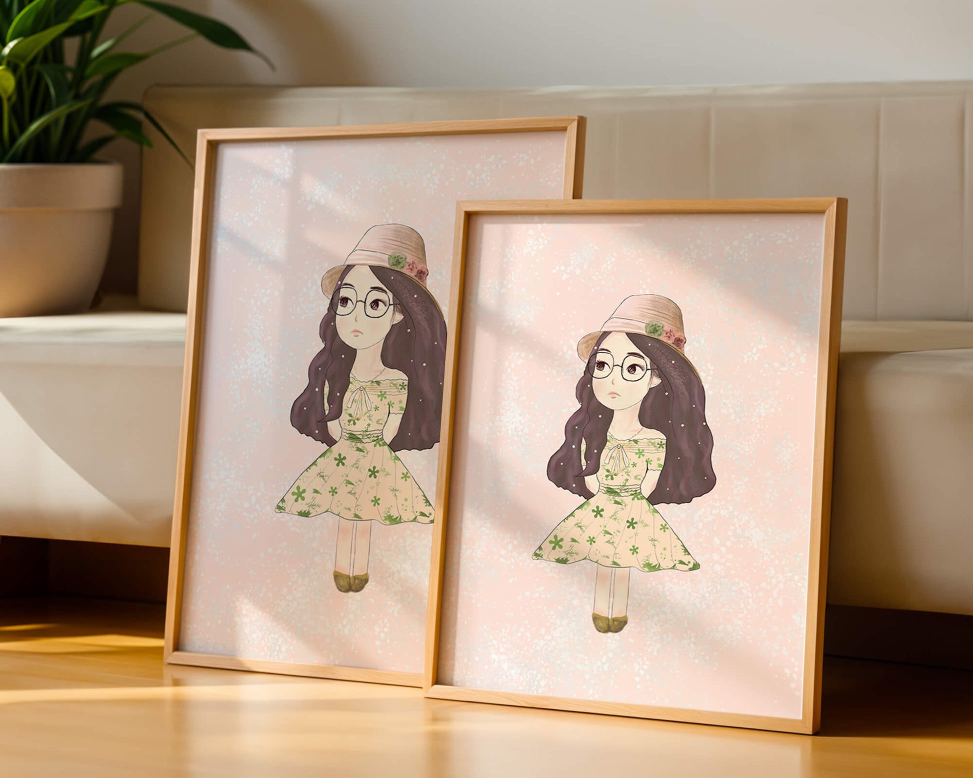 Charming illustration of a girl in a floral dress and hat