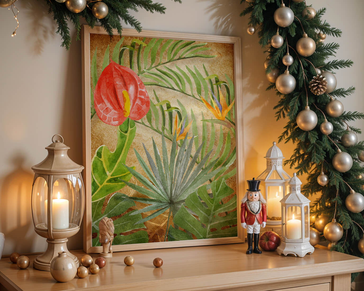 Colorful botanical illustration with tropical leaves on textured background