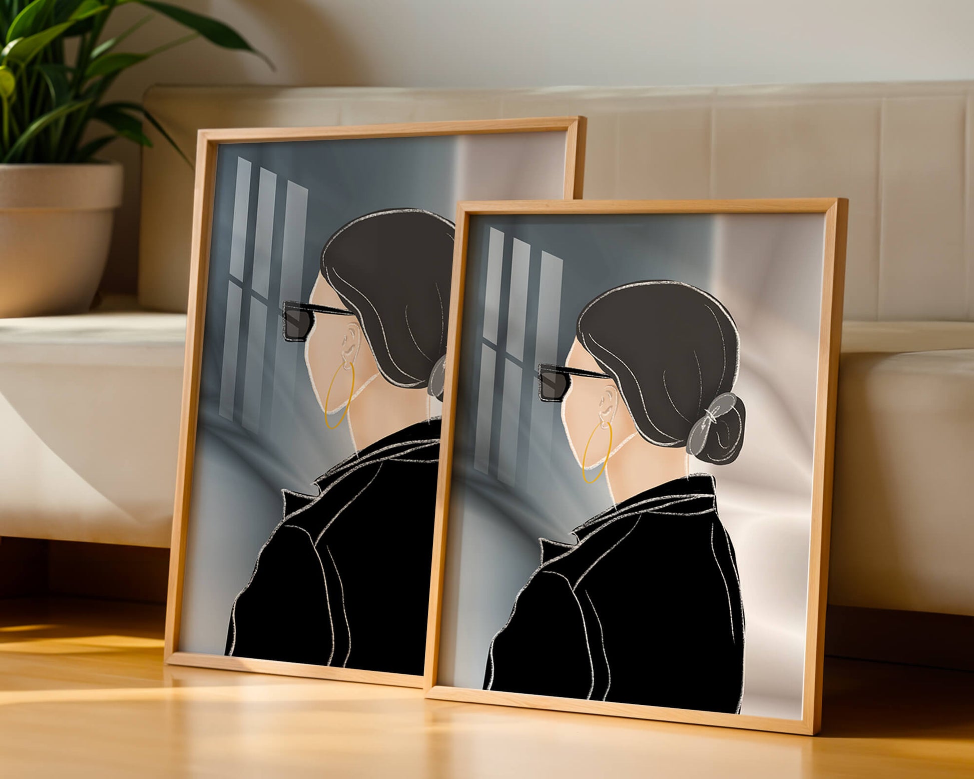 Modern woman with sunglasses and gold hoop earrings