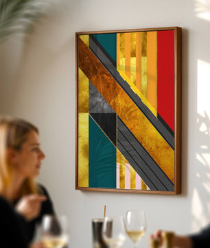Abstract geometric design with gold accents and vibrant colors