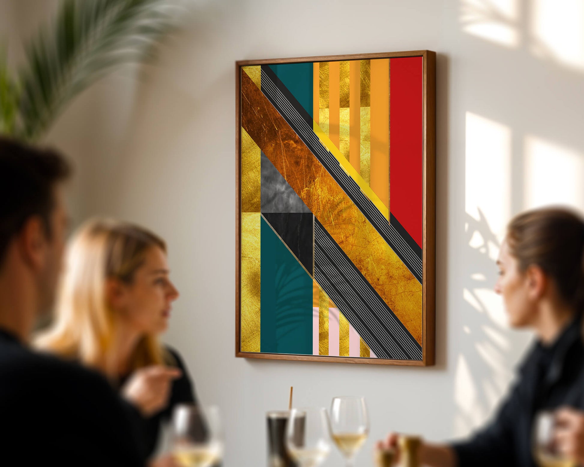 Abstract geometric design with gold accents and vibrant colors