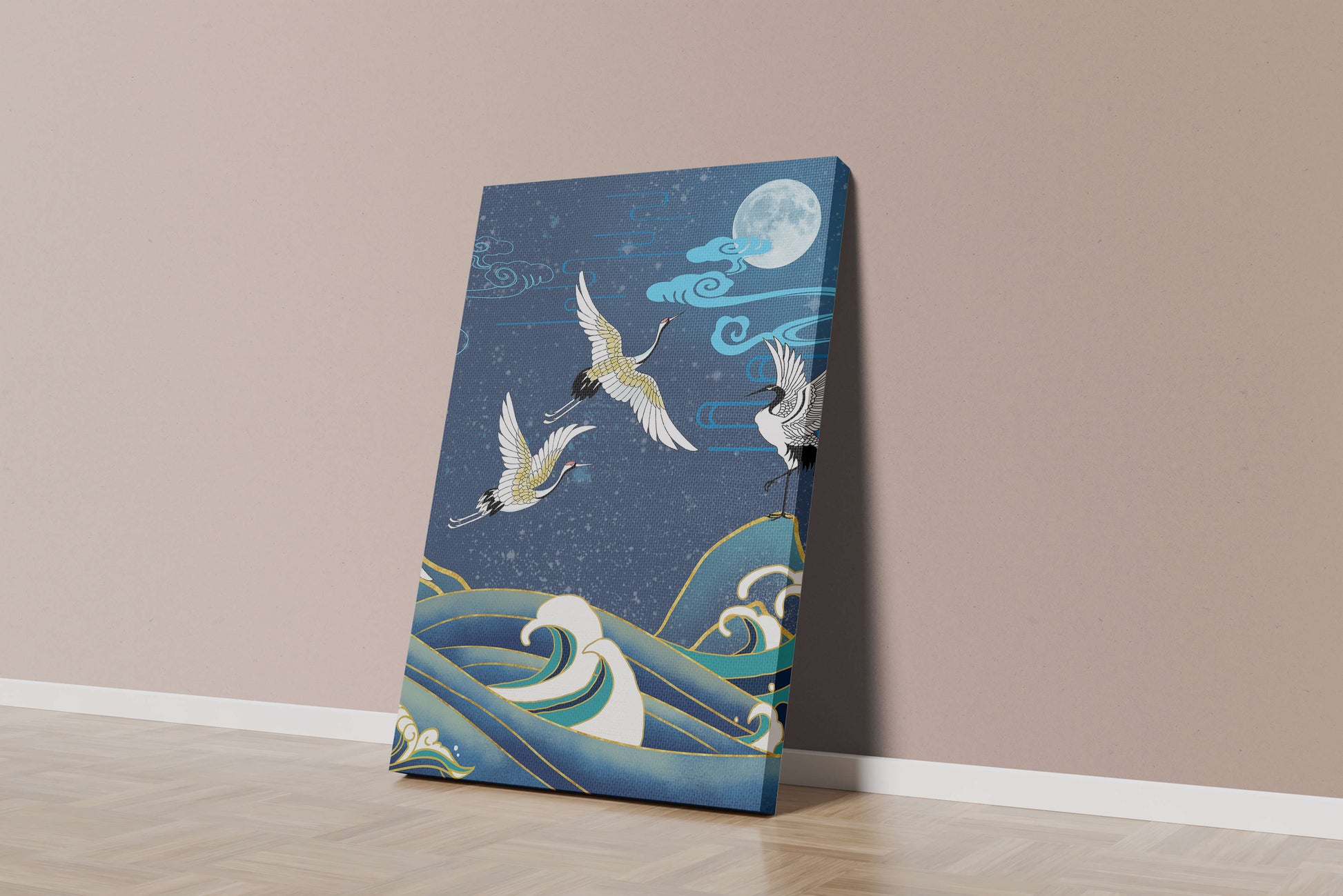A Serene Night Scene with Cranes and Waves in Traditional Japanese Art Style