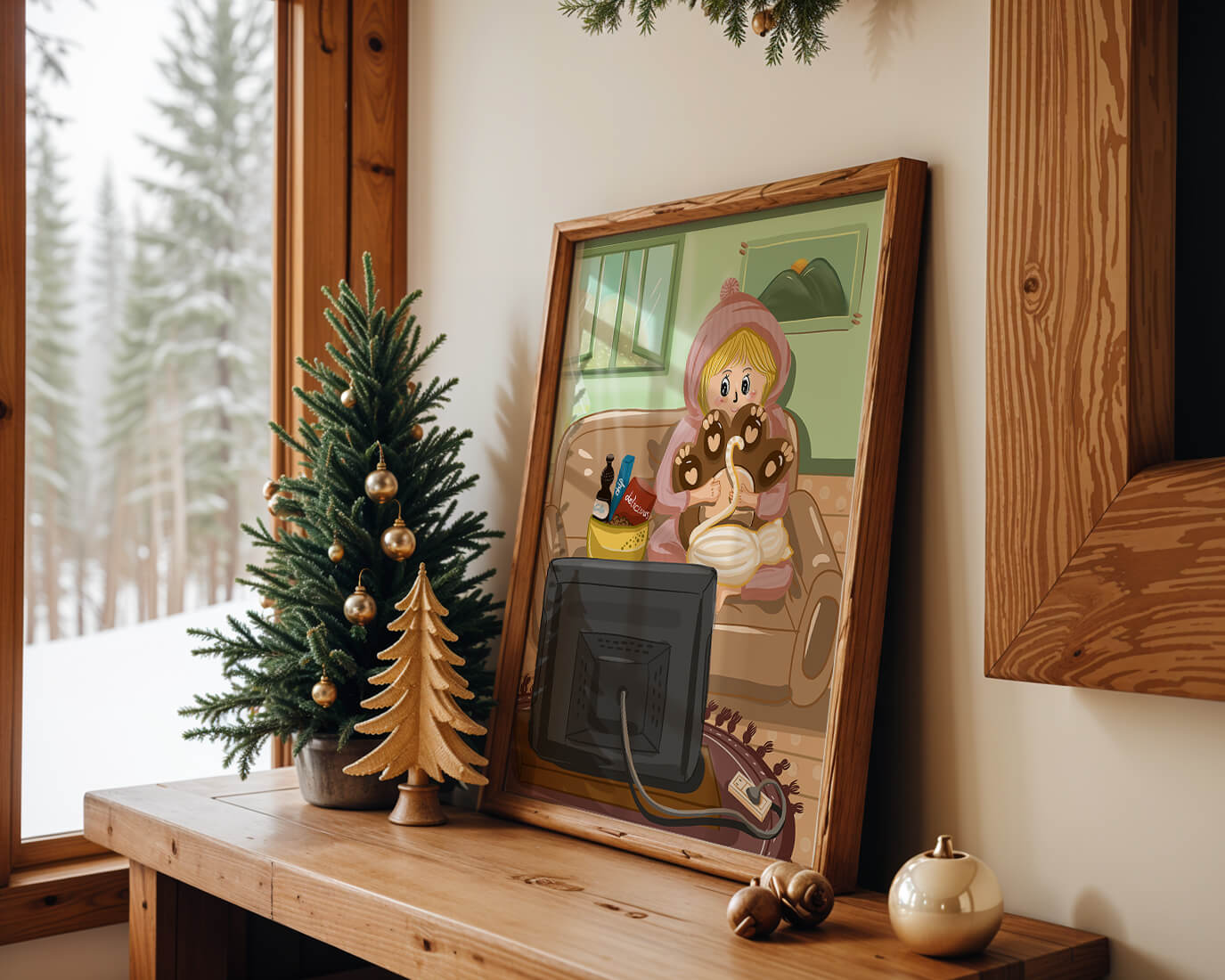 Cozy cartoon scene: person with cat and snacks on a sofa