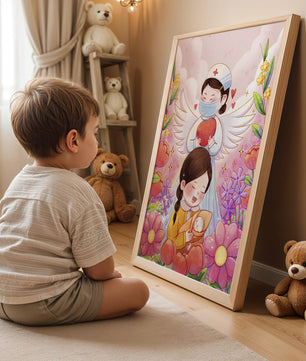 Escena ilustrada de un ángel de la salud con un niño y flores