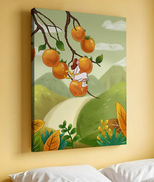 Femme assise sur un fruit orange dans un paysage surréaliste
