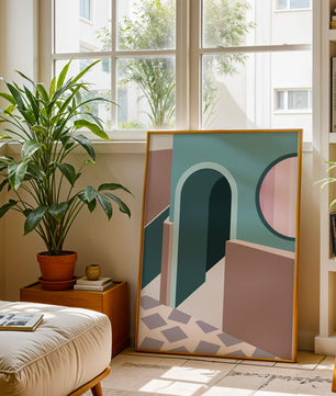 Abstract architectural scene with geometrical shapes