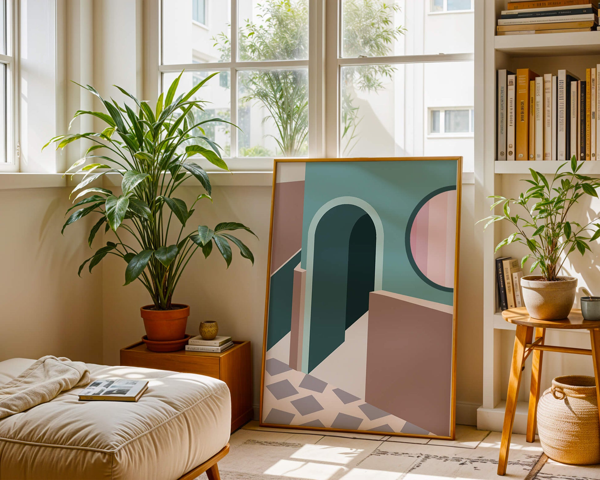 Abstract architectural scene with geometrical shapes