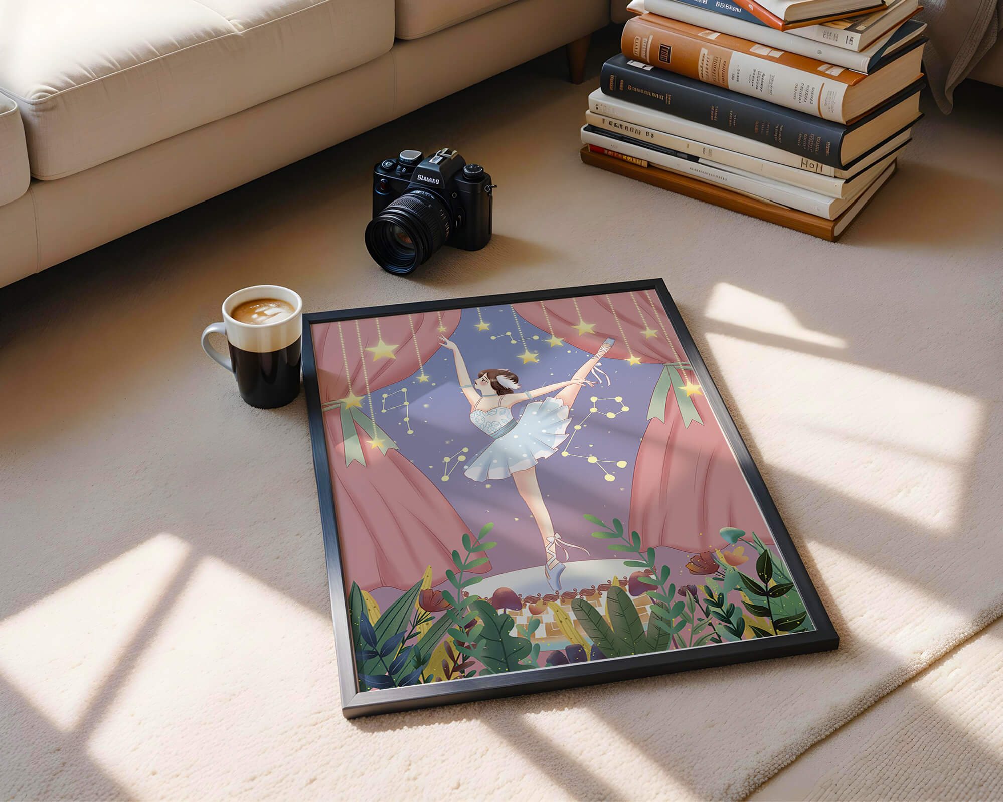 Graceful ballerina performing under starry sky on stage