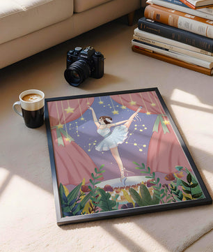 Graceful ballerina performing under starry sky on stage